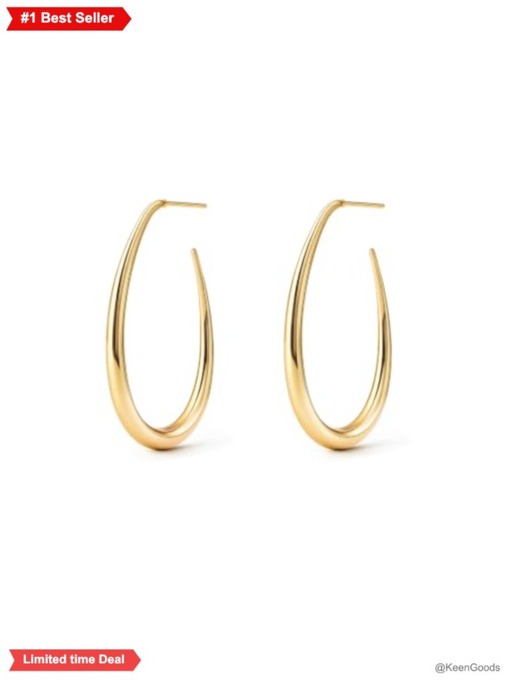 14K Gold Plated Teardrop Hoop Earrings Large Chunky Oval Pull Through Statement